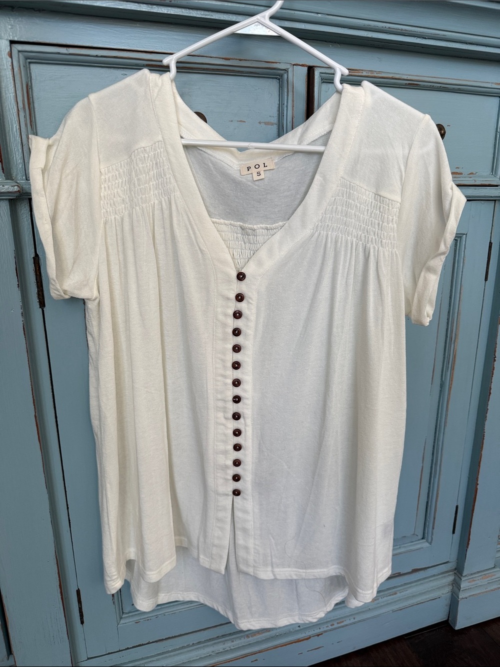 POL Ivory Button-Front Smocked V-Neck Blouse